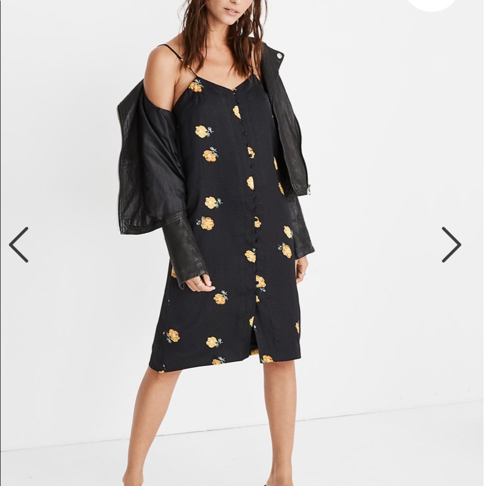 Madewell Black Midi Slip Dress with Yellow Floral Print